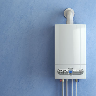 Gas boiler on blue background. Gas boiler home heating.